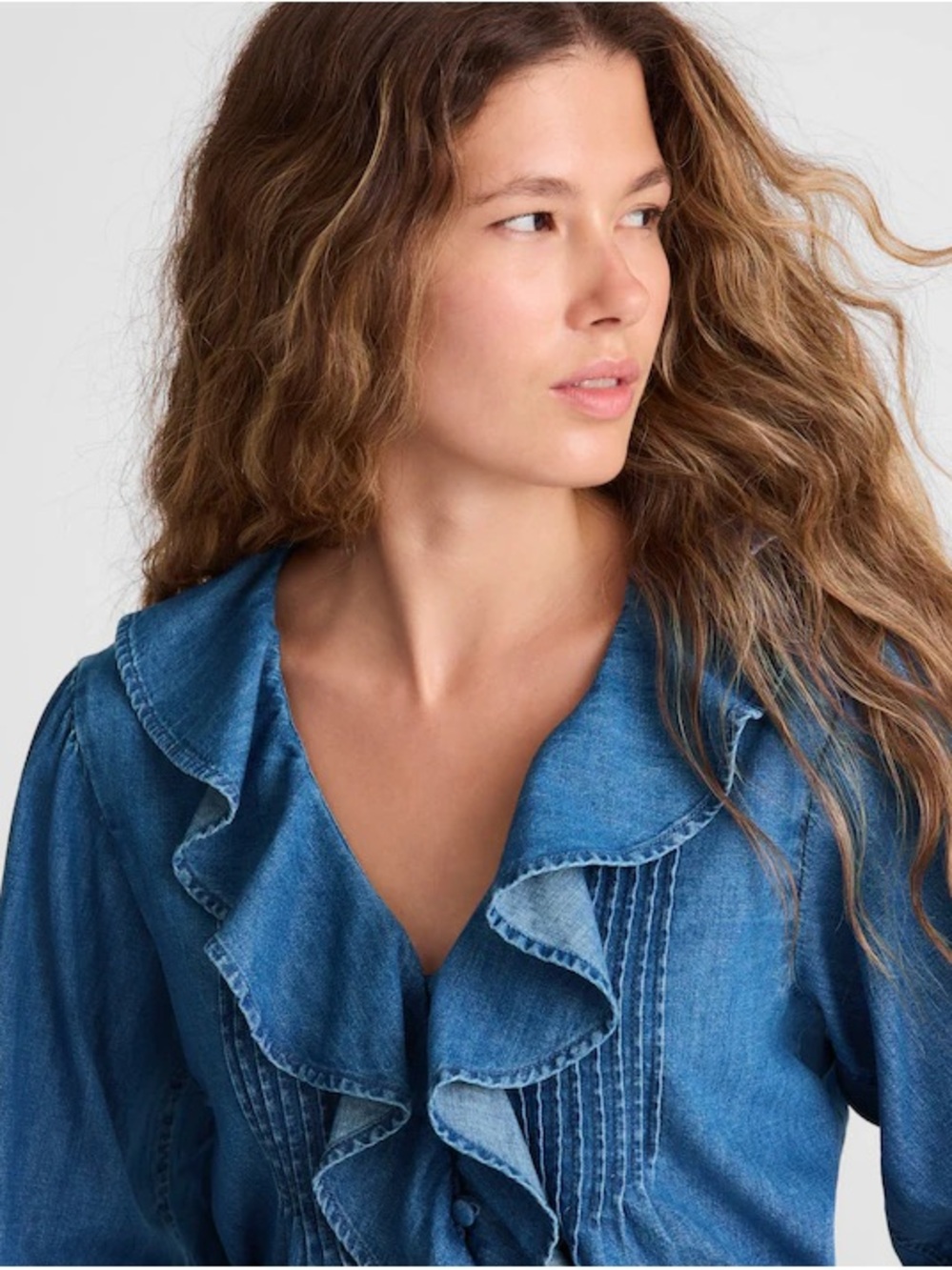 NWOT Madewell Denim Ruffled Pintuck Top - Picture 2 of 15